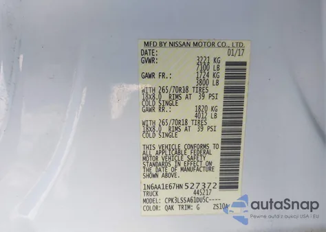 2017 Nissan Titan Sv z USA, uszkodzony, nr VIN 1N6AA1E67HN527372